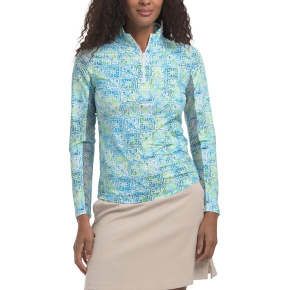 IBKUL Jackets & Blazers - IBKUL Lime/Turquoise Upf 50 Printed Mock Neck Quarter Zip Long Sleeve Jacket